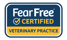 Fear Free Certified Veterinary Practice logo: blue and yellow rectangular badge with text.