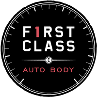 Black circular logo: "First Class Auto Body," with speedometer-style border. Red "1".
