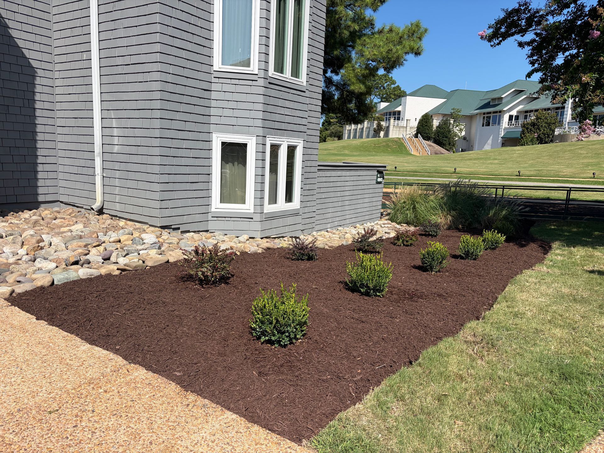 Mulched landscape bed with small shrubs beside a gray house and a pebble border