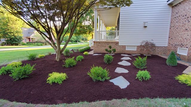 Front yard landscaping with small shrubs, stepping stones, and a tree beside a house porch
