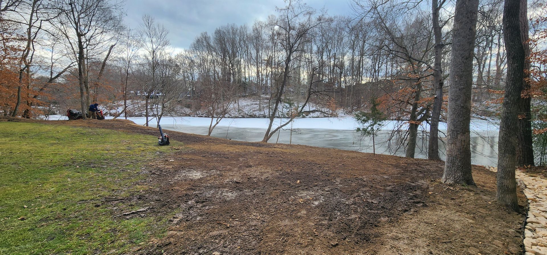 Leaf-strewn park with bare trees and a small frozen pond under an overcast sky