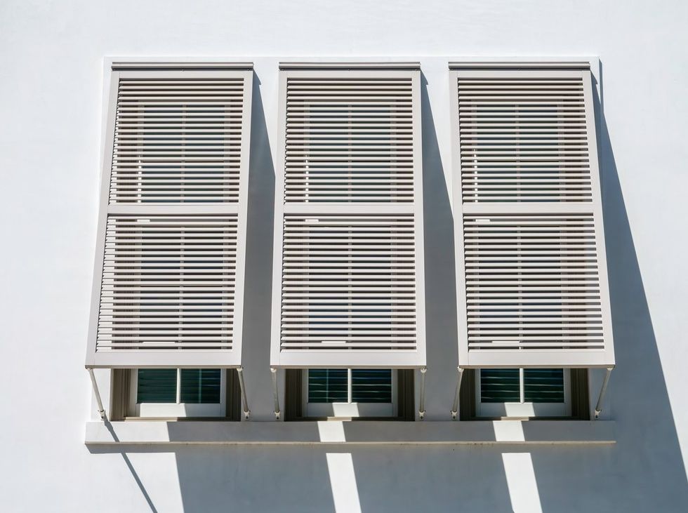 Three windows on a white building with shutters on them.
