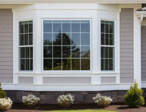 A large bay window on the side of a house.
