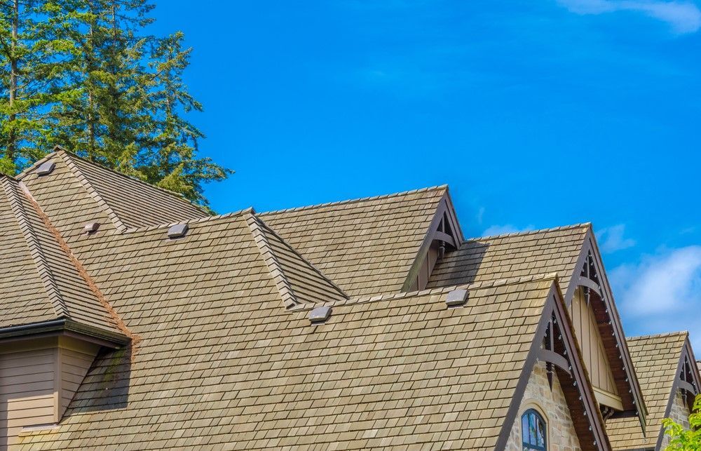 The roof of a house with a blue sky in the background.