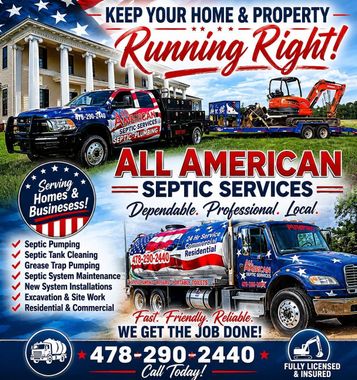 All American Septic Services ad with trucks, an excavator, a house, and “Keep Your Home & Property Running Right” text.