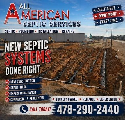 All American Septic Services ad with trench work and New Septic Systems Done Right  in red and blue text