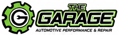 The Garage logo with green gear and black-and-white automotive performance and repair text