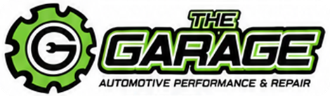 The Garage logo with green gear and black-and-white automotive performance and repair text