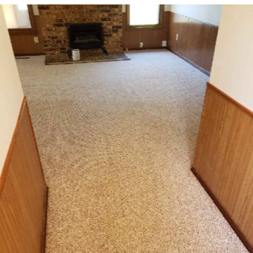 Beige carpeted room with wood paneling on the walls and a brick fireplace.