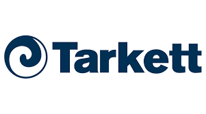 Tarkett logo: dark blue text and swirl symbol on a white background.