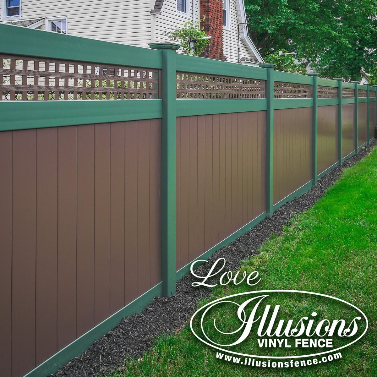 A brown and green vinyl fence with the words love illusions on it