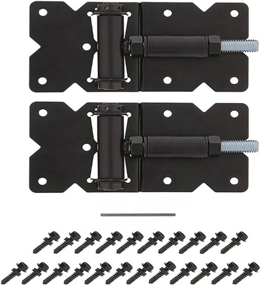 A pair of black hinges with screws attached to them on a white background.