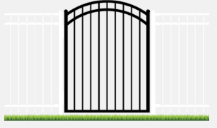 A black gate is sitting next to a white fence.