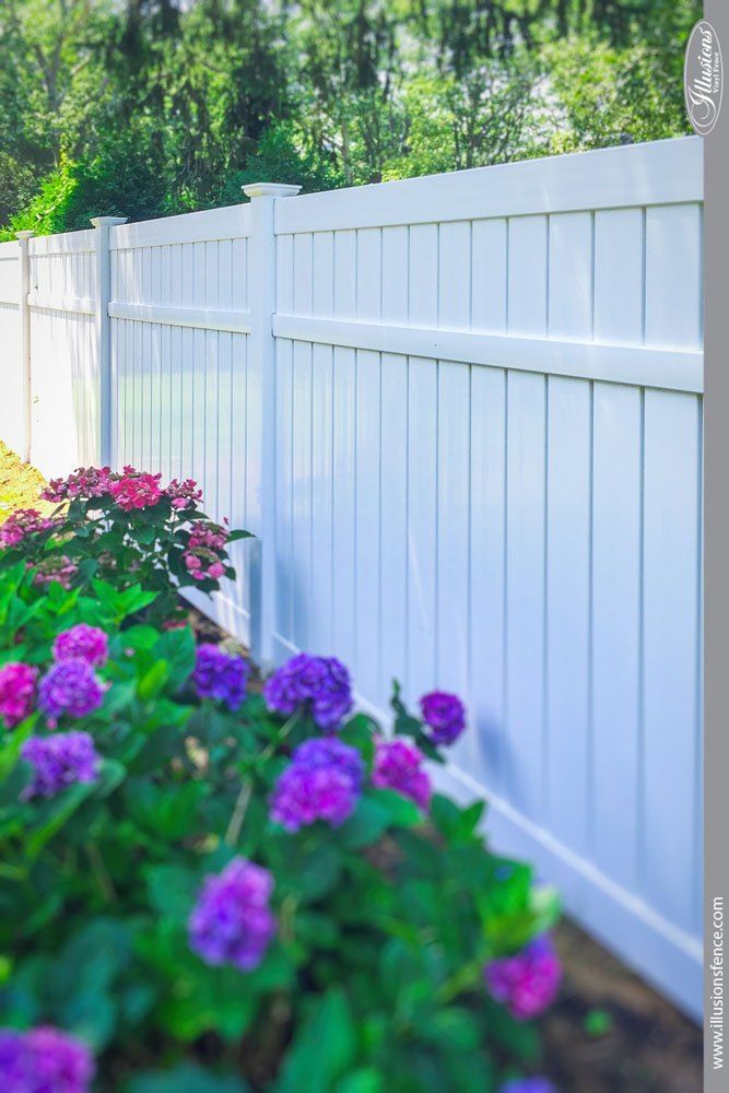 A white fence is surrounded by purple flowers in a garden.