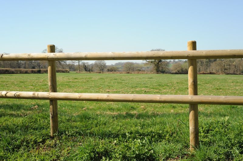 A wooden fence surrounds a grassy field.