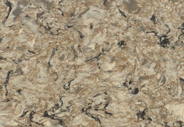 Brown and white quartz countertop with dark veining.