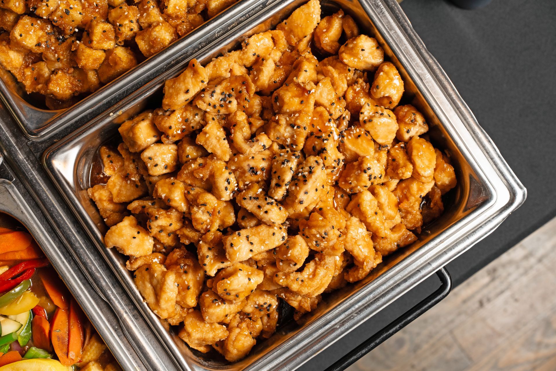 A close up of a tray of food on a table.