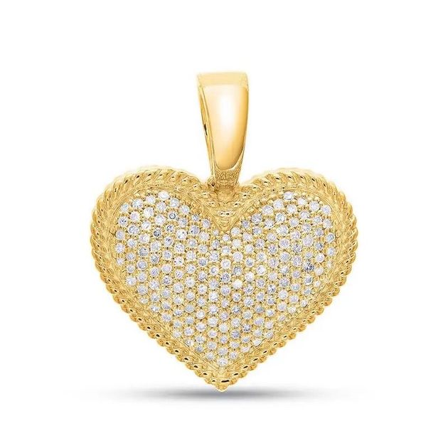 Gold heart-shaped pendant with a diamond-like pave border and bail on a white background