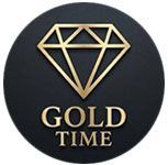 Gold diamond logo with the words “GOLD TIME” on a black circular background