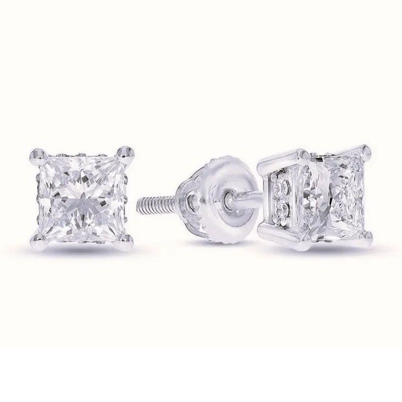 Clear cushion-cut diamond stud earrings with silver posts on a white background