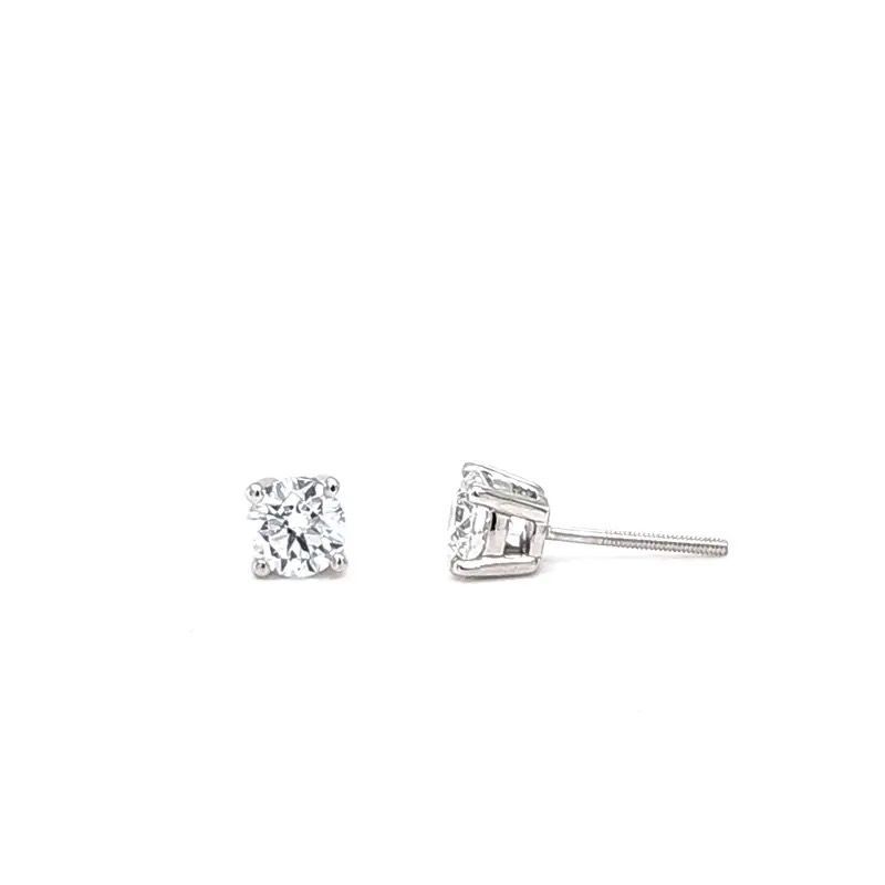 Silver square stud earrings with clear stones, shown front and side on a white background