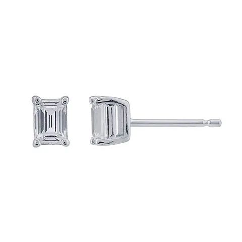 Silver rectangular gemstone stud earring, front and side views on white background