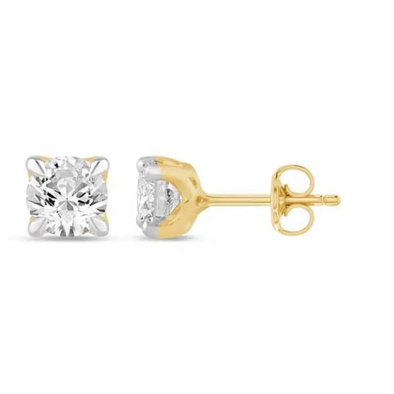 Pair of square diamond stud earrings, one shown front and one side, with gold posts and backs
