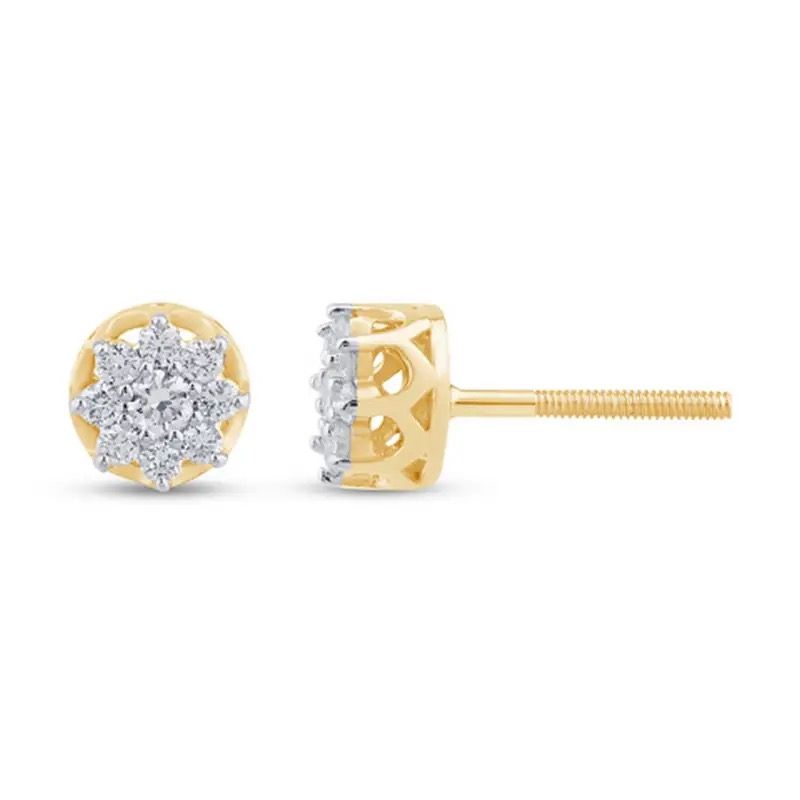 Gold and diamond cluster stud earring shown front and side views on white background