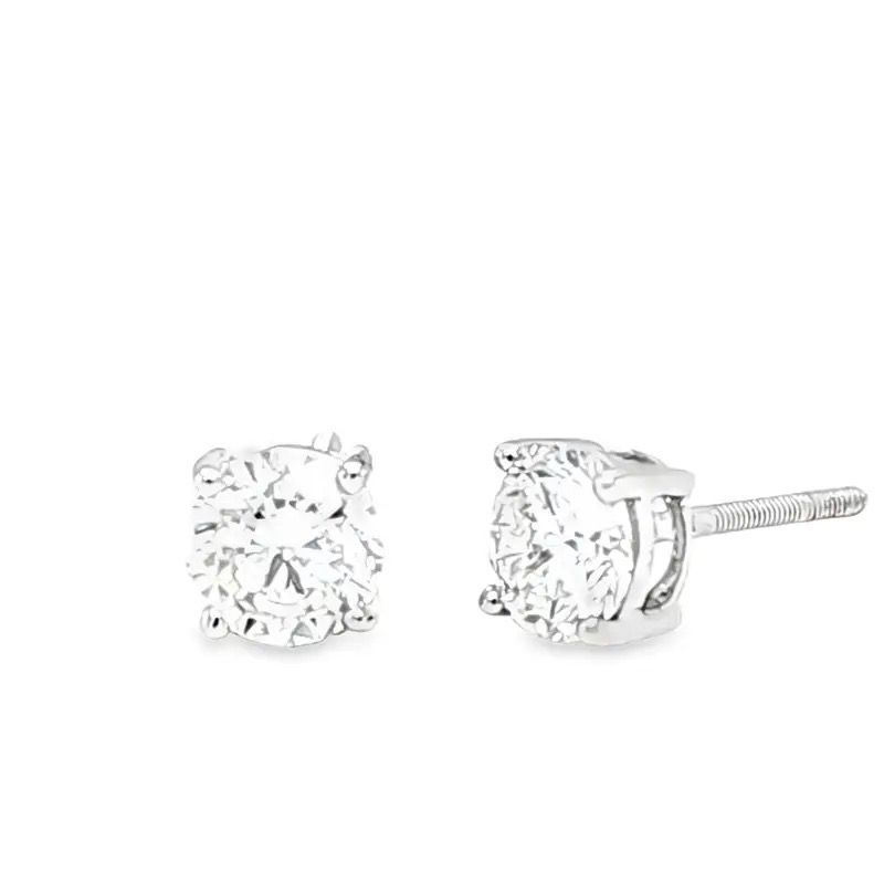 Pair of clear round-cut diamond stud earrings on a white background