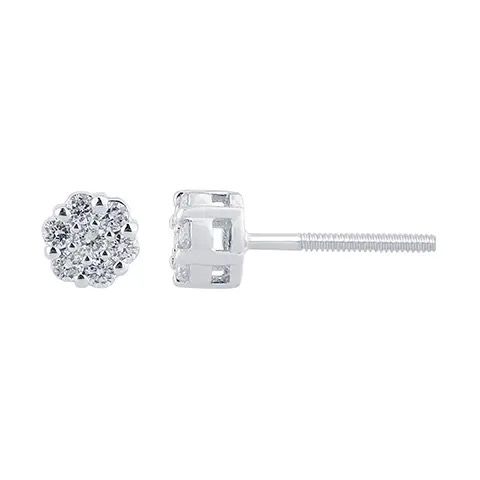 Diamond stud earring with round floral cluster and silver post, shown front and side views