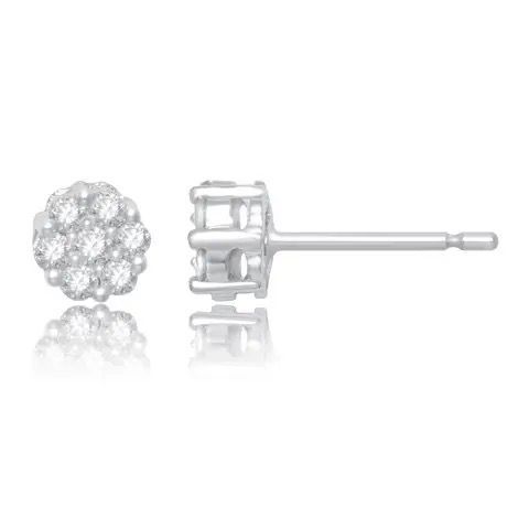 Clear round diamond stud earring with silver post, shown front and side views on white background