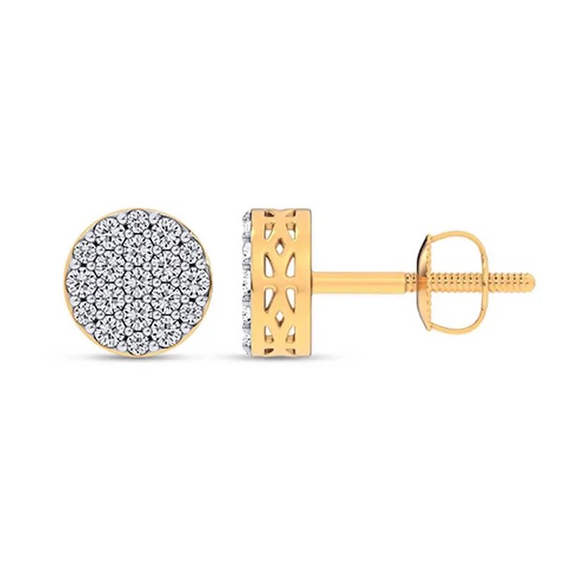 Gold stud earrings with pavé round crystal front and rectangular filigree post side view