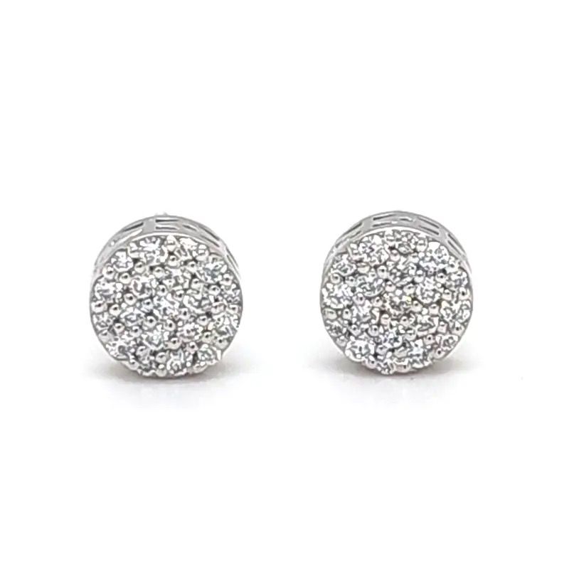 Pair of round silver rhinestone stud earrings on a white background