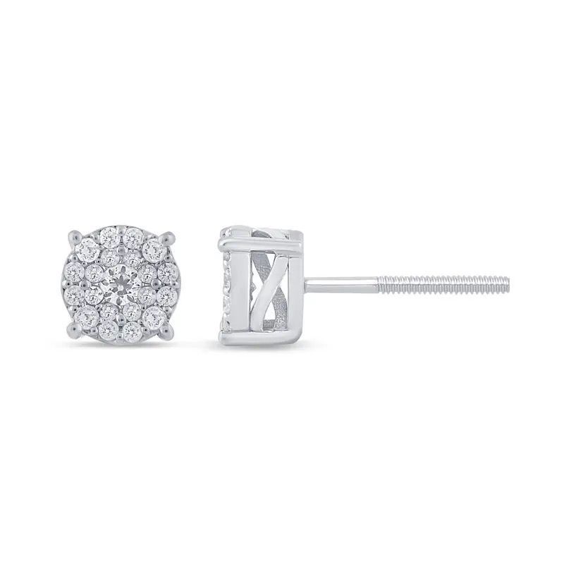 Silver floral diamond stud earring with visible side profile and post on white background