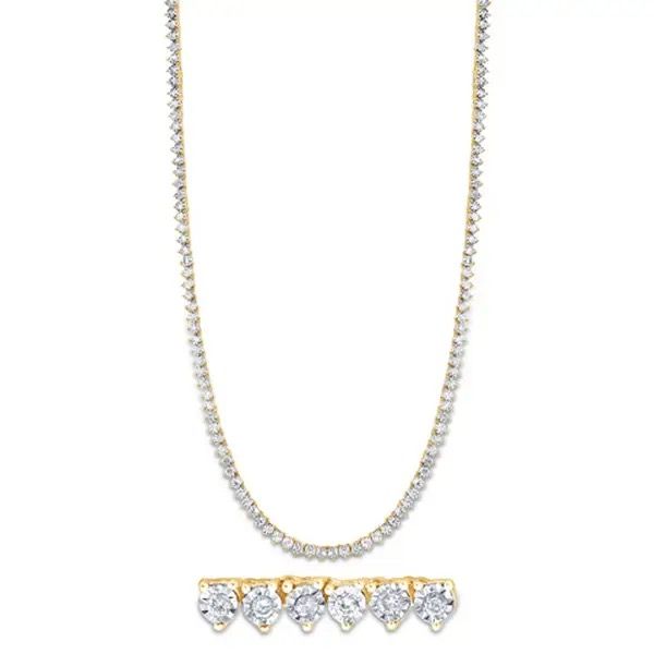 Gold necklace with a row of diamond drop pendants displayed below it on a white background