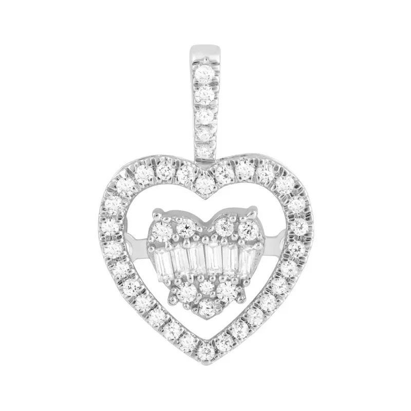 Heart-shaped diamond pendant with a vertical bail and smaller diamond cluster inside
