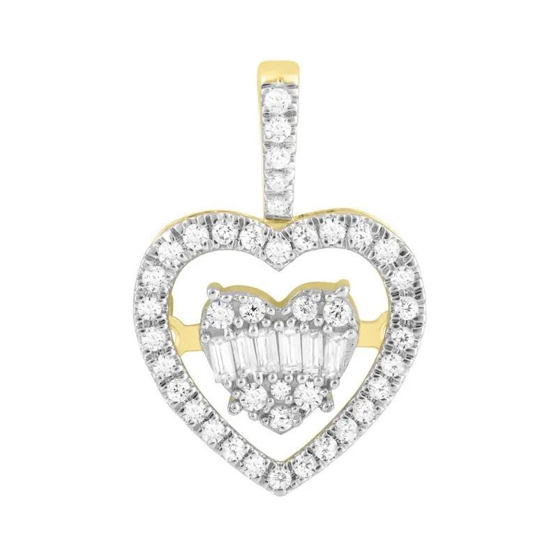 Diamond heart-shaped pendant with a smaller heart and vertical bail, in silver and gold tones