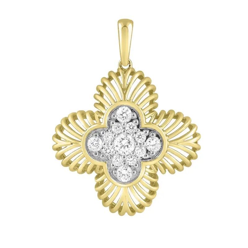 Gold clover-shaped pendant with a center cluster of clear gemstones