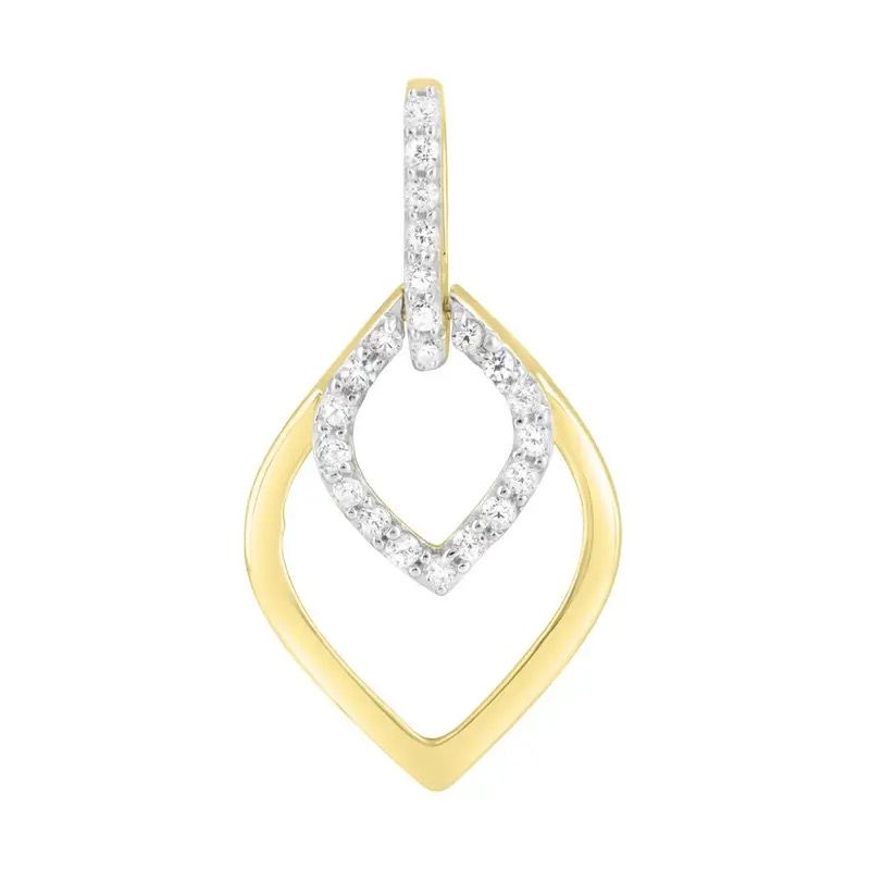 Gold and silver teardrop-shaped pendant with sparkling accents on a white background