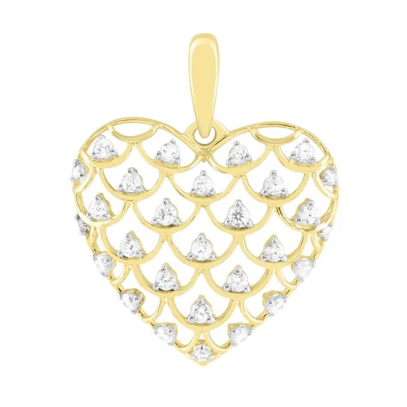 Gold heart-shaped pendant with scalloped diamond-like white stones and a bail at the top