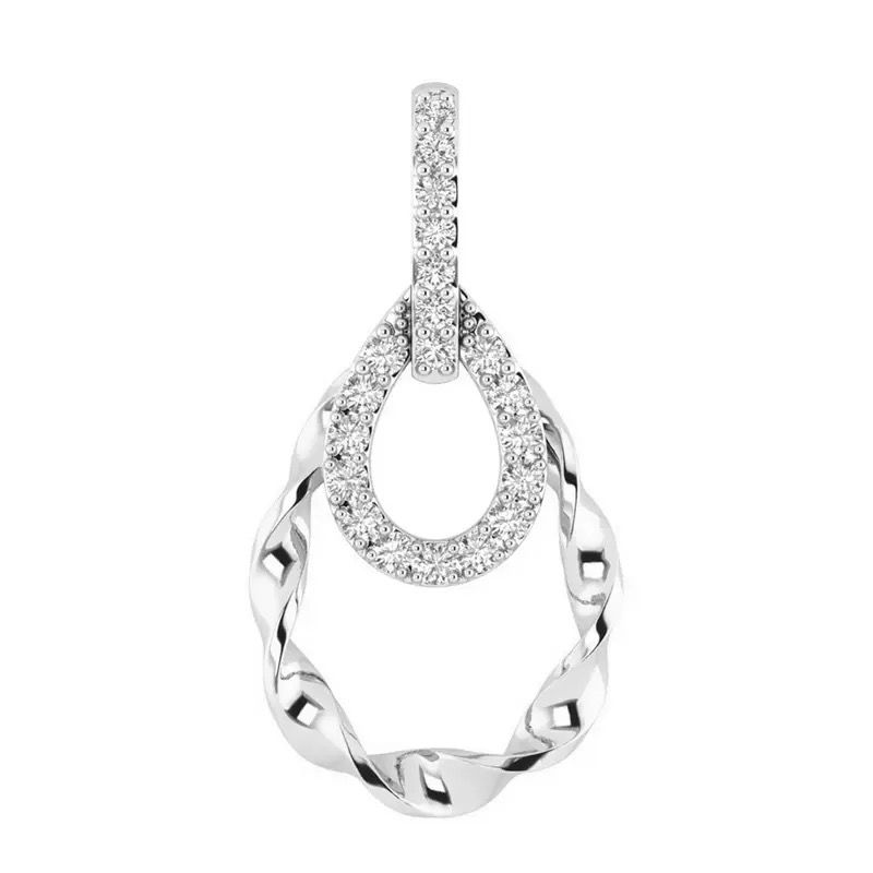 Silver diamond pendant necklace with an oval loop and textured dangling teardrop design