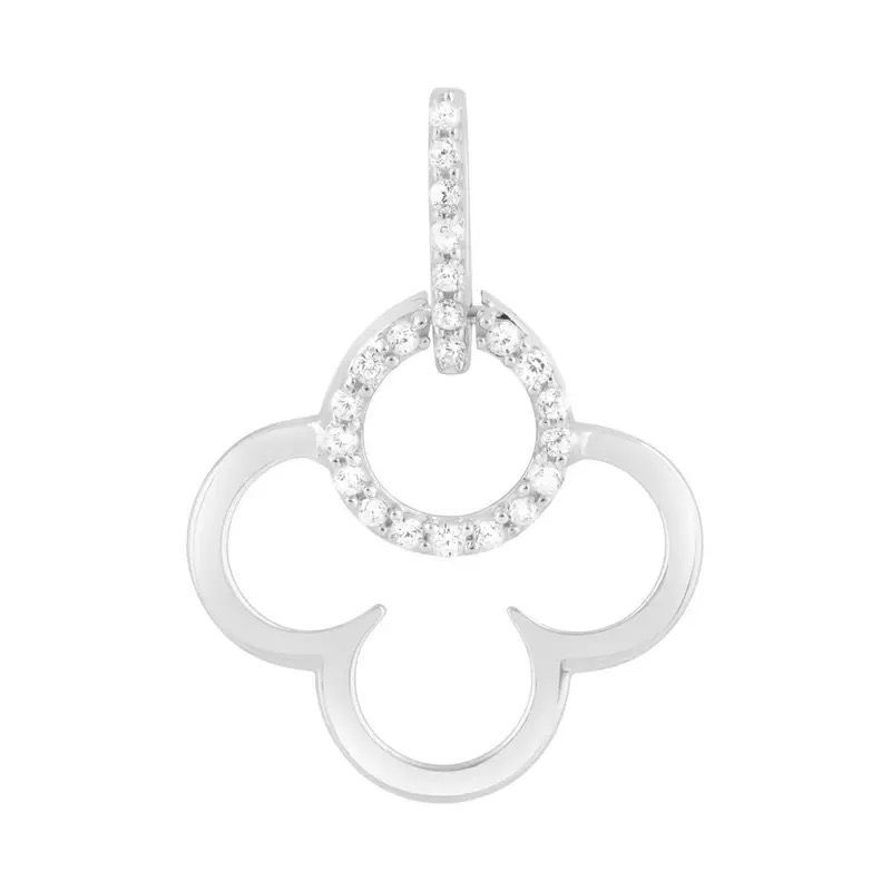 Silver clover-shaped pendant with a circular diamond-studded bail