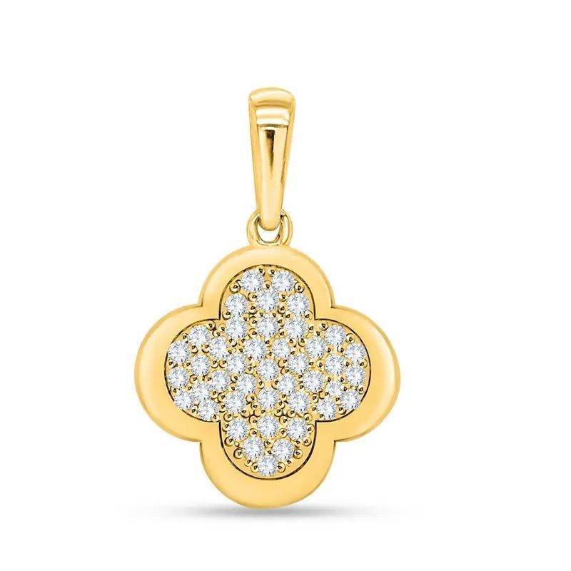 Gold clover-shaped pendant with small clear stones and a loop bail