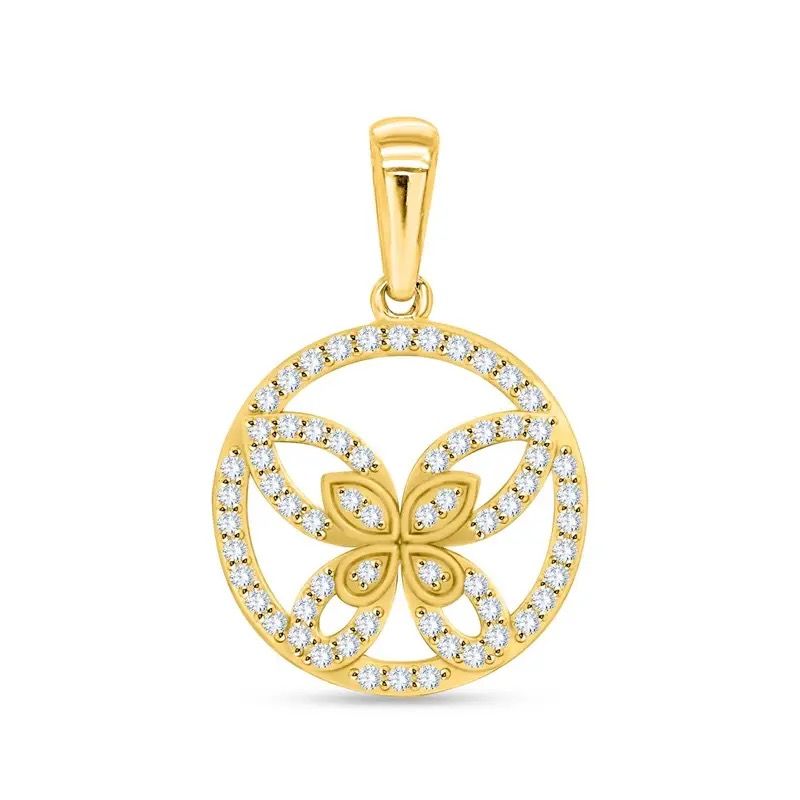 Gold floral diamond pendant with circular frame and teardrop accents