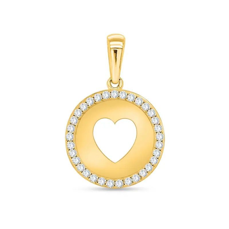 Gold heart pendant with a white heart center and a rhinestone-studded circular border