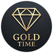 Gold diamond logo with the words &ldquo;GOLD TIME&rdquo; on a dark circular background