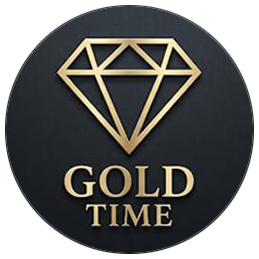 Gold diamond logo with the words &ldquo;GOLD TIME&rdquo; on a dark circular background