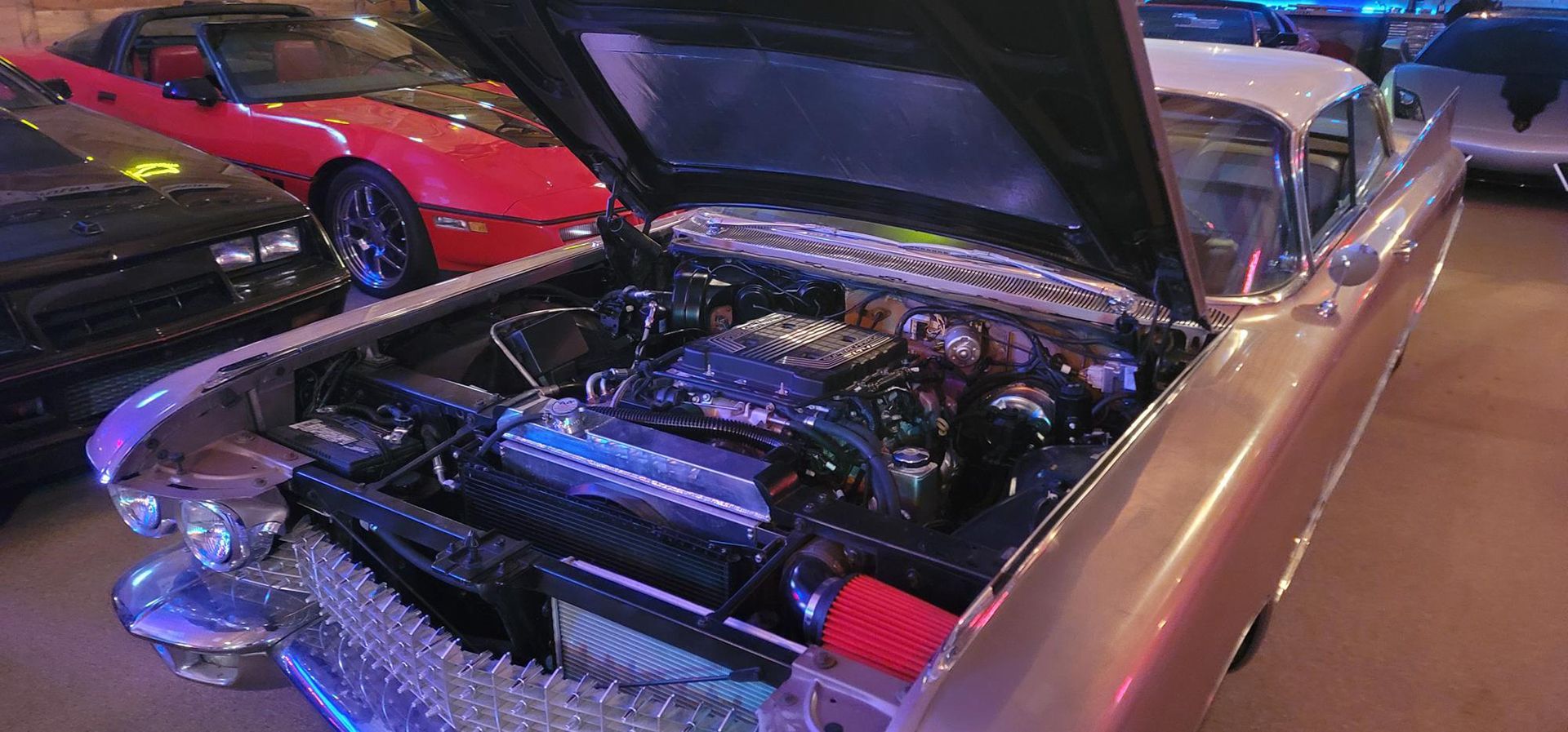Engine view of a brown vintage car
