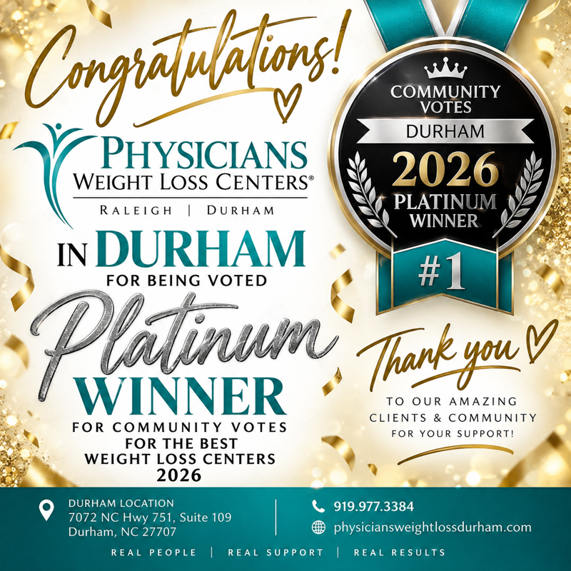 Celebratory award graphic for Physician Weight Loss Centers in Durham, naming 2026 Platinum winner.
