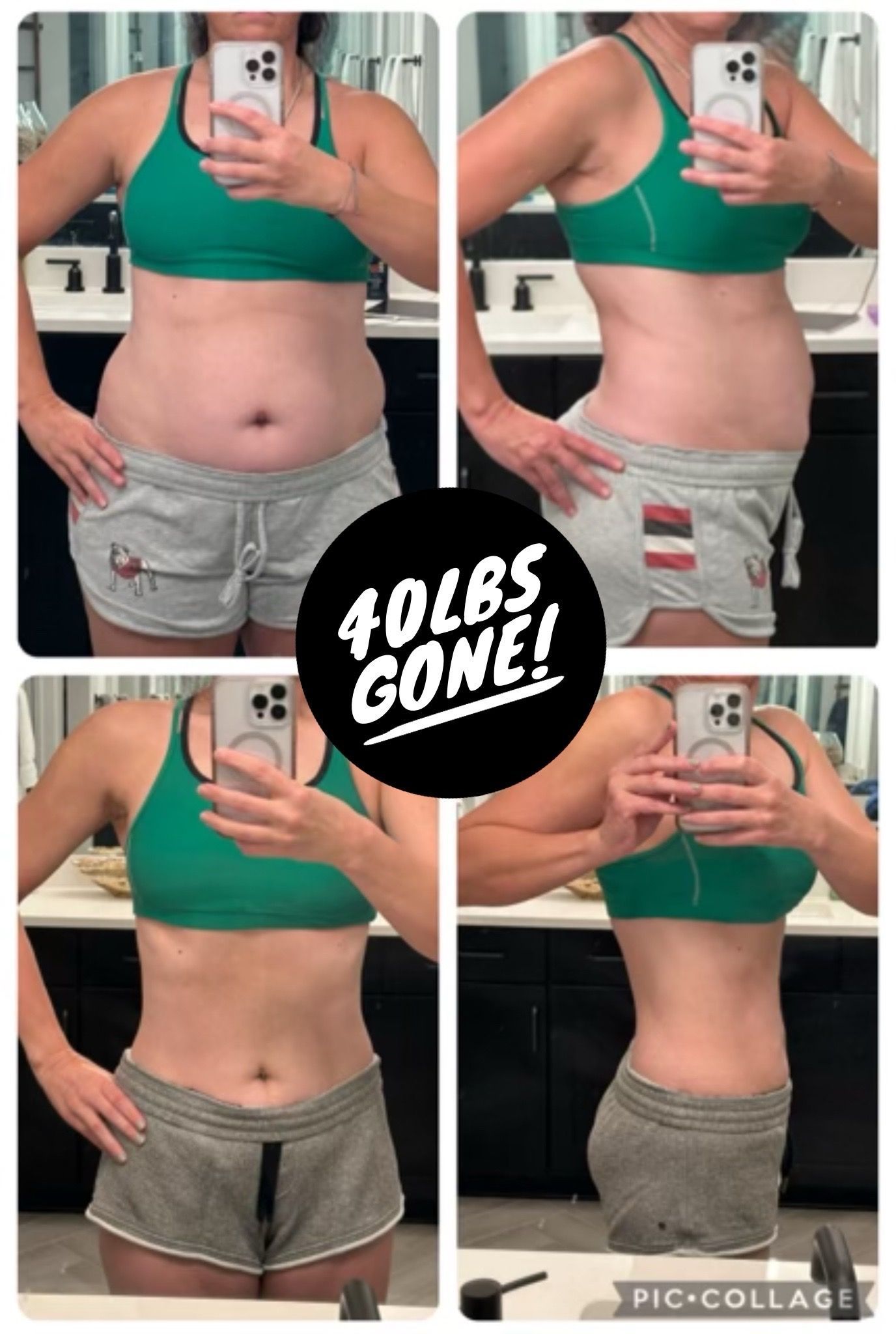 Weight loss progress: Before and after photos, woman in green top and gray shorts. 40 lbs gone!